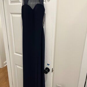 Dillard's Blondie Nites Navy Pearl Embellished Backless Formal Dress